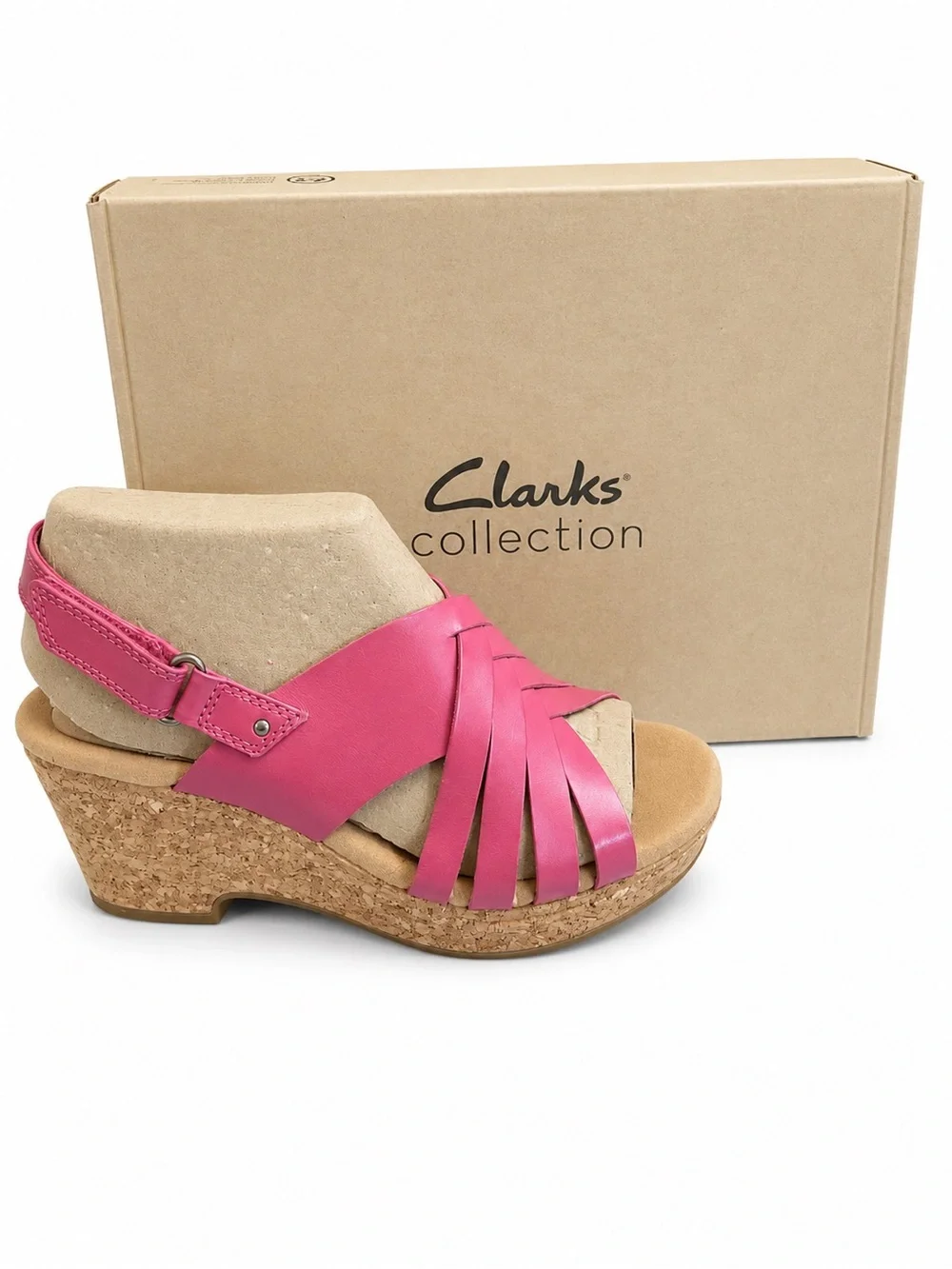 Clarks Giselle Glow Pink Leather Fuchsia Cork Wedge Slingback Sandals NIB